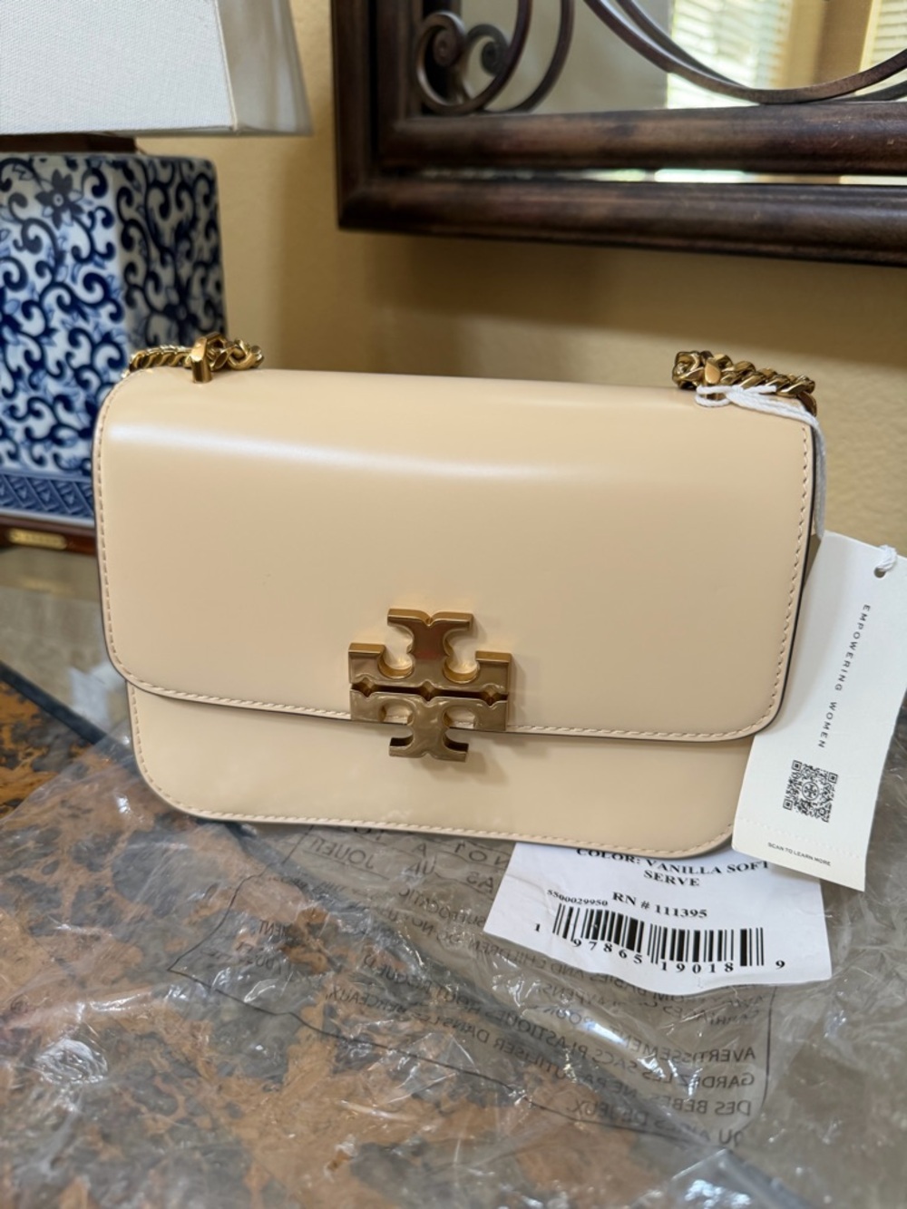 Tory Burch Small Eleanor Cream Leather Shoulder & Chain Crossbody with Gold Logo